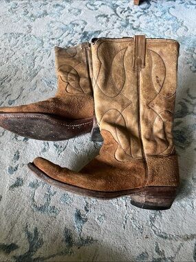 ACME Tan Suede Cowboy Boots with Western Stitching
